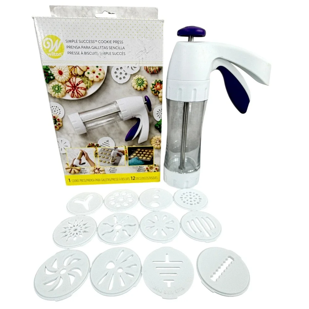 Wilton Simple Success Cookie Press‎ White Purple 12 Discs Trigger Handle